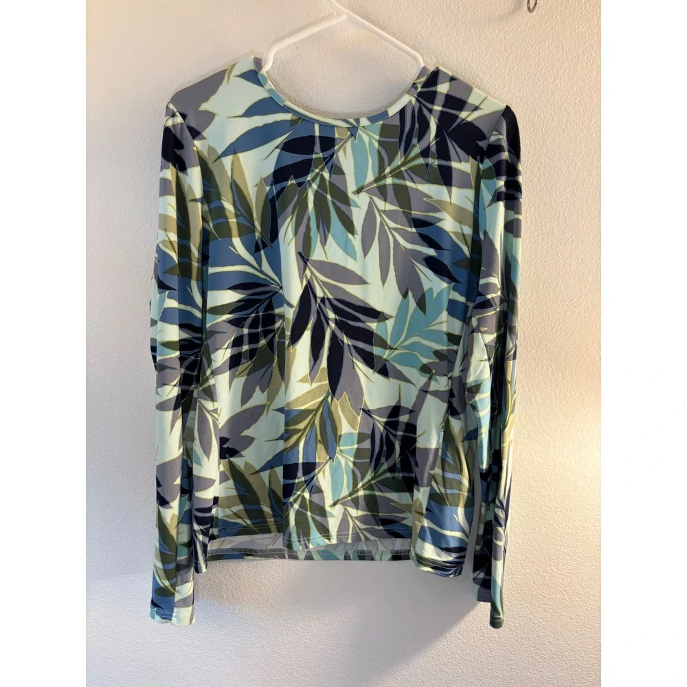 Hang Ten Womens Tropical Leaf Print Long Sleeve Sun Shirt Rash Guard Blue Large
